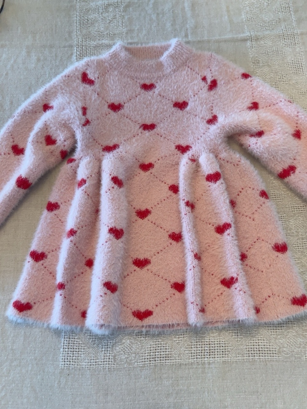 Lola + The Boys Girls Heart Argyle Sweater Dress Pink Red Fuzzy Knit Size 3/4
